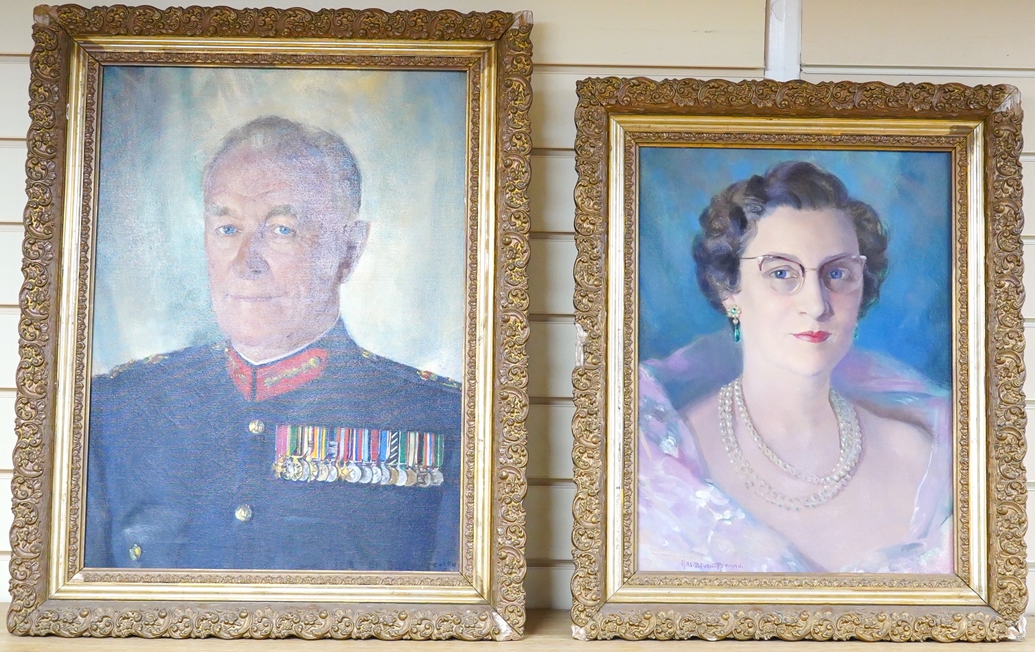 Hal Bevan-Petman (Scottish, 1894-1980), Portrait of a military officer and a companion portrait of a lady, two oils on canvas, both signed, largest 59 x 43cm